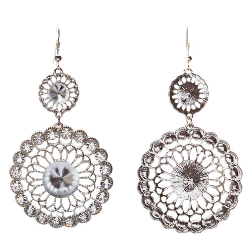 Vintage Crystal Circle Drop Rope Edge Earrings Silver - Accessoriesforever