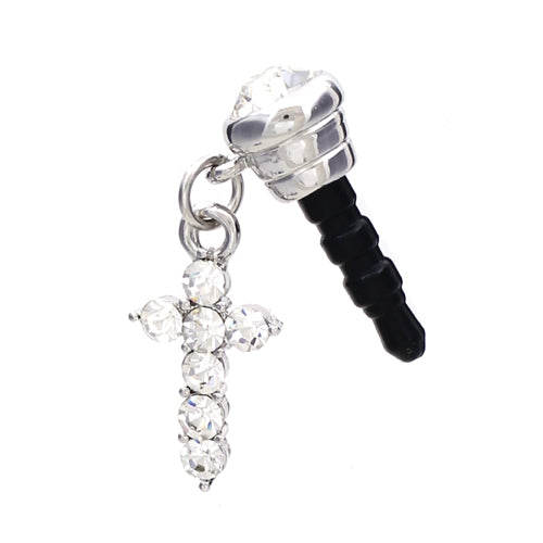 Earphone Dustproof Plug Stopper Phone Ear Cap Crystal Rhinestone Cross Silver