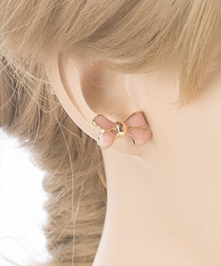 Gorgeous Fashion Ribbon Bow Design Enamel Small Stud Earrings Gold Cream Ivory - Accessoriesforever