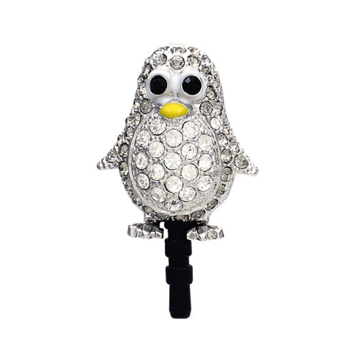 Earphone Dustproof Plug Stopper Phone Ear Cap Crystal Rhinestone Penguin Gray