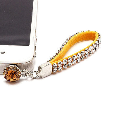 Earphone Dustproof Plug Stopper Phone Ear Cap Crystal Strap Design Clear Yellow