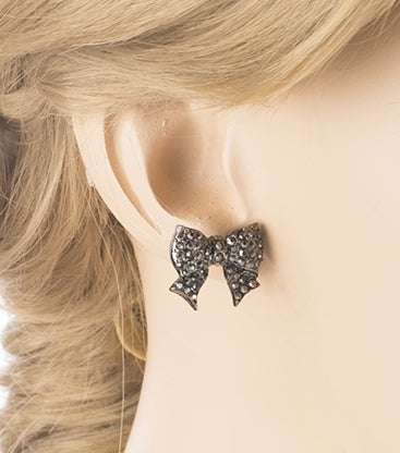 Gorgeous Fashion Ribbon Bow Design Crystal Rhinestone Pave Stud Earrings Black - Accessoriesforever