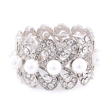 Bridal Wedding Jewelry Stunning Beautiful Crystal Pearl Stretch Bracelet Silver - Accessoriesforever