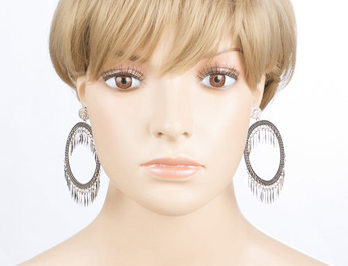 Draped Tassel Dangle Hoop Crystal Earrings Black - Accessoriesforever