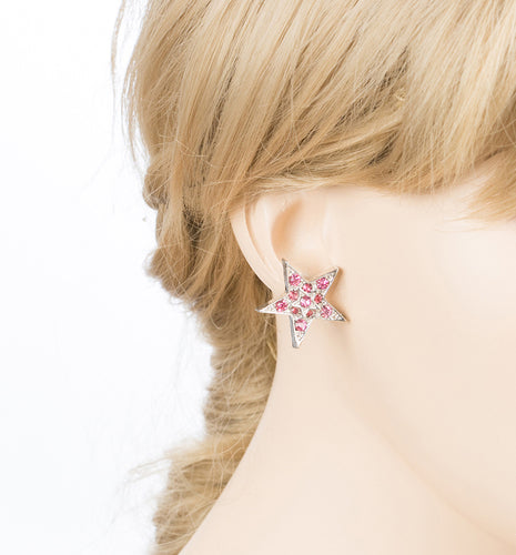 Twinkle Sparkle Crystal Double Star Stud Fashion Earrings Silver Tone Pink - Accessoriesforever