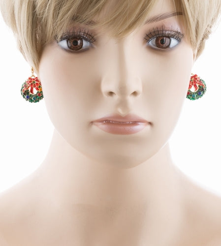 Christmas Jewelry Green Wreath Red Ribbon Gold Tone Crystal Charm Earring - Accessoriesforever