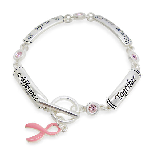 Pink Ribbon Breast Cancer Awareness Jewelry Crystal Engrave Link Toggle Bracelet