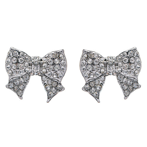 Gorgeous Fashion Ribbon Bow Design Crystal Rhinestone Pave Stud Earrings Silver - Accessoriesforever