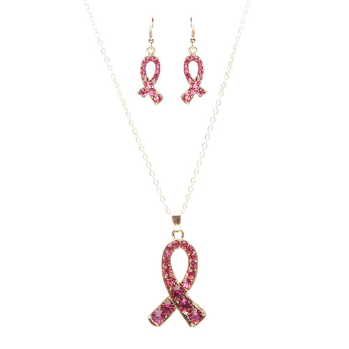 Pink Ribbon Jewelry Crystal Rhinestone Glamorous Ribbon Necklace Set JN258 Gold