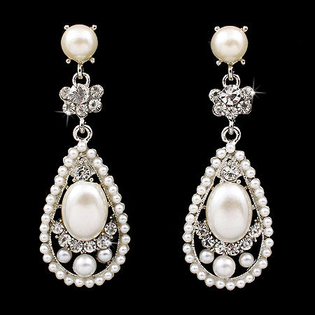 Bridal Wedding Crystal Rhinestone Pearl Teardrop Dangle Earrings Silver Ivory