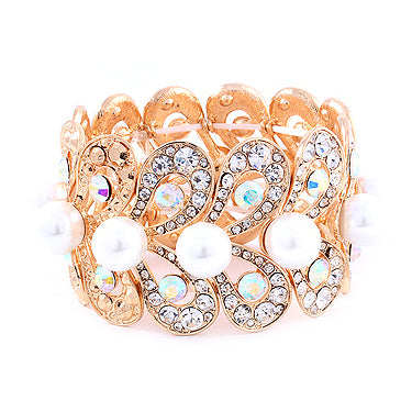 Bridal Wedding Jewelry Stunning Beautiful Crystal Pearl Stretch Bracelet Gold - Accessoriesforever