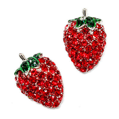 Sparkle Crystal Paved Strawberry Shape 18mm Stud Earrings Silver Tone Green Red