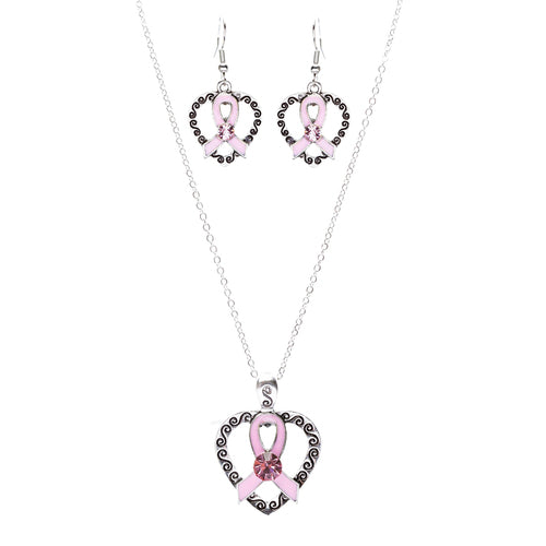 Pink Ribbon Jewelry Crystal Rhinestone Pretty Heart Ribbon Necklace JN256 Pink