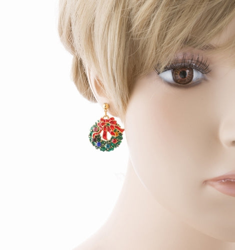 Christmas Jewelry Green Wreath Red Ribbon Gold Tone Crystal Charm Earring - Accessoriesforever