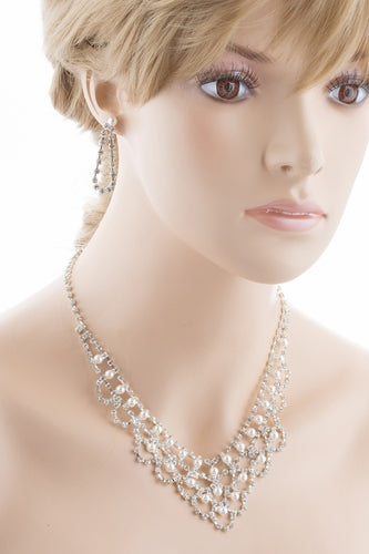 Bridal Wedding Jewelry Set Necklace Crystal Rhinestone V-Drape Pearl Silver - Accessoriesforever