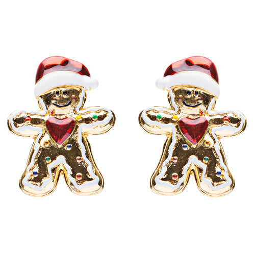 Christmas Jewelry Adorable Fun Gingerbread Man Heart Stud Earrings Gold Red - Accessoriesforever