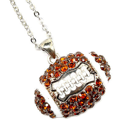 Sport Football Crystal Rhinestone 25mm 18" Long Fashion Necklace Silver Brown