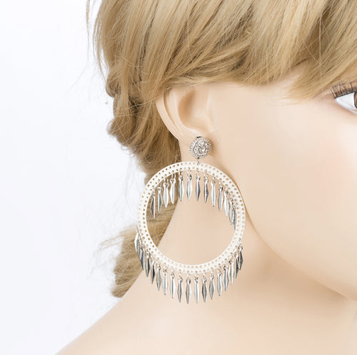 Draped Tassel Dangle Hoop Crystal Earrings Silver - Accessoriesforever