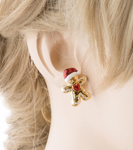 Christmas Jewelry Adorable Fun Gingerbread Man Heart Stud Earrings Gold Red - Accessoriesforever