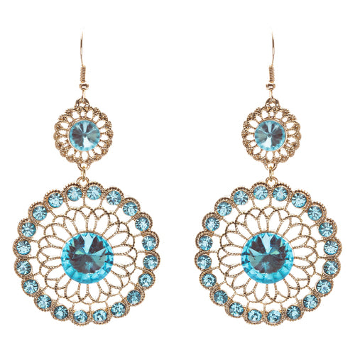 Vintage Crystal Circle Drop Rope Edge Earrings Blue - Accessoriesforever