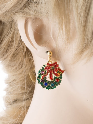 Christmas Jewelry Green Wreath Red Ribbon Gold Tone Crystal Charm Earring - Accessoriesforever