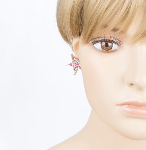 Twinkle Sparkle Crystal Double Star Stud Fashion Earrings Silver Tone Pink - Accessoriesforever