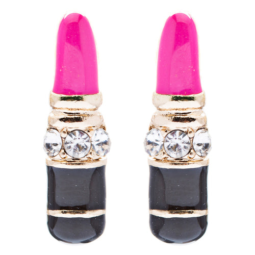 Fun Cute Mini 17mm Lipstick Crystal Rhinestone Enamel Stud Earrings Gold Pink - Accessoriesforever