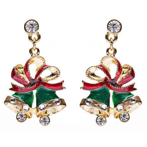 Christmas Jewelry Crystal Rhinestone Twin Bell Holiday Dangle Earrings Green - Accessoriesforever