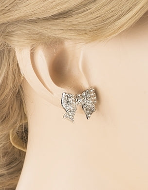 Gorgeous Fashion Ribbon Bow Design Crystal Rhinestone Pave Stud Earrings Silver - Accessoriesforever