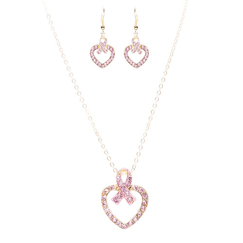 Pink Ribbon Jewelry Crystal Rhinestone Charming Heart Necklace Set JN259 Pink