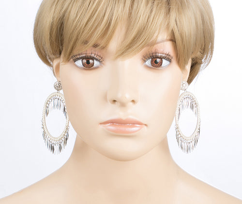 Draped Tassel Dangle Hoop Crystal Earrings Silver - Accessoriesforever