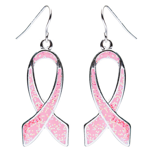 Pink Ribbon Breast Cancer Awareness Jewelry Glitter Enameled Dangle Earrings