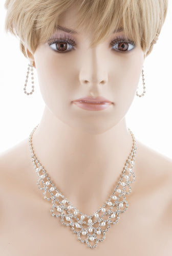 Bridal Wedding Jewelry Set Necklace Crystal Rhinestone V-Drape Pearl Silver - Accessoriesforever