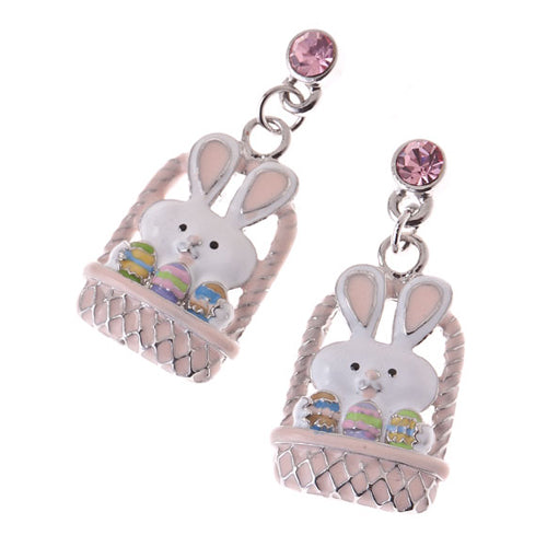 Spring Easter Jewelry Bunny in Easter Egg Basket Crystal Earring Silver Pink - Accessoriesforever