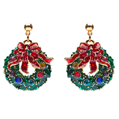 Christmas Jewelry Green Wreath Red Ribbon Gold Tone Crystal Charm Earring - Accessoriesforever