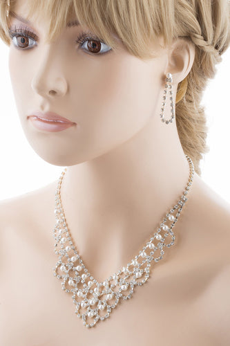 Bridal Wedding Jewelry Set Necklace Crystal Rhinestone V-Drape Pearl Silver - Accessoriesforever