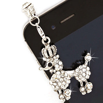 Earphone Dustproof Plug Stopper Phone Ear Cap Crystal Rhinestone Poodle Silver