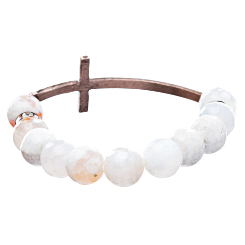 Beaded Faceted Crystal Rondelle Copper Cross Charm Fashion Stretch Bracelet - Accessoriesforever