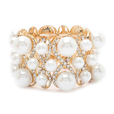 Bridal Wedding Jewelry Multi Shape Pearl Crystal Stretch Fashion Bracelet Gold - Accessoriesforever