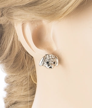 Puppy Dog Crystal Rhinestone Fashion Small Stud Earrings Silver Clear - Accessoriesforever