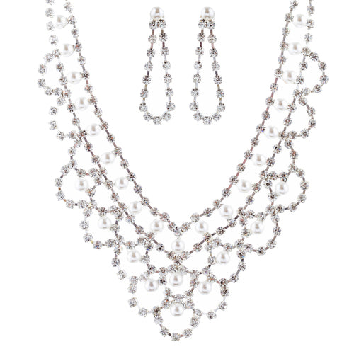 Bridal Wedding Jewelry Set Necklace Crystal Rhinestone V-Drape Pearl Silver - Accessoriesforever