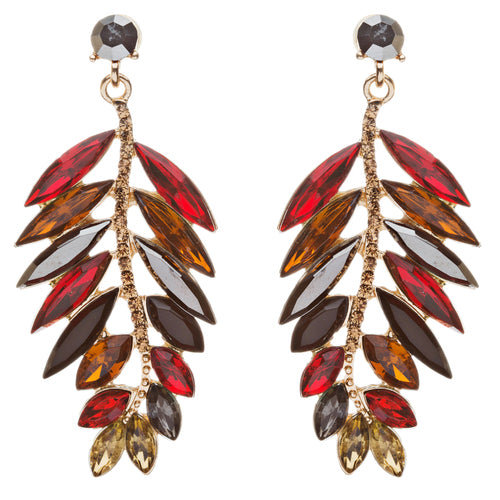 Stunning Beautiful Crystal Rhinestone Leaf Linear Drop Statement Earrings Red