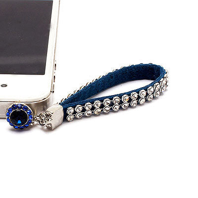 Earphone Dustproof Plug Stopper Phone Ear Cap Crystal Strap Design Cobalt Blue