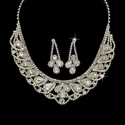 Bridal Wedding Jewelry Set Necklace Crystal Rhinestone Bib Teardrop Gold Clear