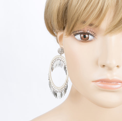 Draped Tassel Dangle Hoop Crystal Earrings Silver - Accessoriesforever