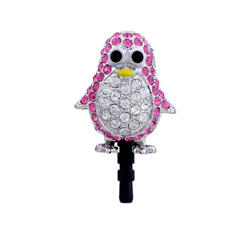 Earphone Dustproof Plug Stopper Phone Ear Cap Crystal Rhinestone Penguin Pink