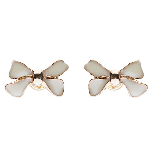 Gorgeous Fashion Ribbon Bow Design Enamel Small Stud Earrings Gold Cream Ivory - Accessoriesforever